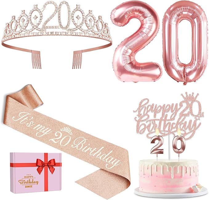 20th Birthday Decorations for Women, Including 20th Birthday Sash and Tiara, Cake Topper and Candles, Number Balloons, 20 Year Old Gifts for Women