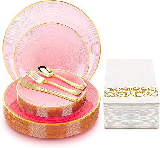 N9R 180PCS Pink Plastic Plates with Gold Trim, Disposable Party Dinnerware Set for 30 Guests, Include 30 Dinner & Salad Plates, Napkins, Forks, Spoons, Knives, Perfect for Wedding, Dinner Party