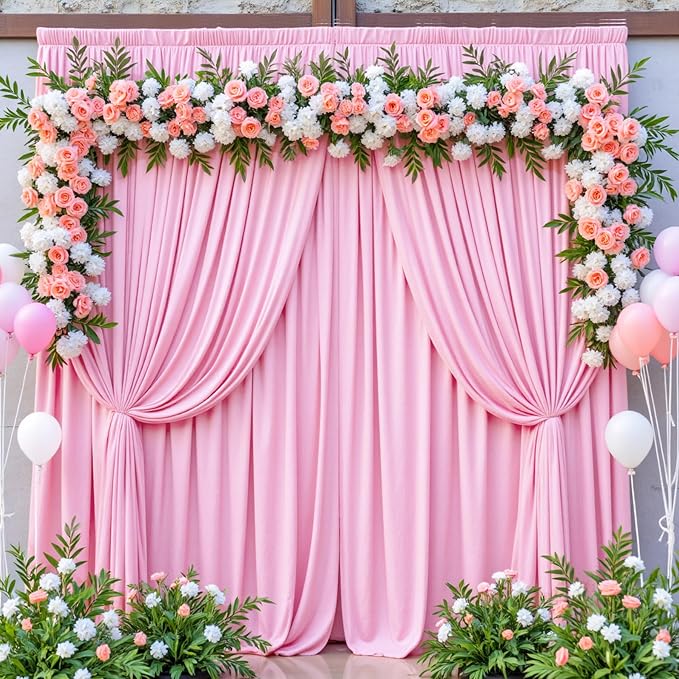 8 Panels 5ftx12ft Wrinkle Free Pink Backdrop Curtain for Parties, Silky Polyester Photo Backdrop Drapes 12 ft Long Back Drop Cloth for Wedding Birthday Photography Background Curtains
