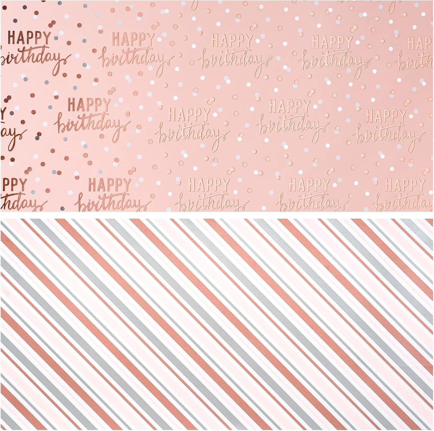 LeZakaa Reversible Pink Birthday Wrapping Paper Roll for Girls Women, Happy Birthday Lettering & Stripe Pattern with Metallic Foil in Pink, Large Roll, 30 inches x 32.8 Feet (92.9 sq.ft.)