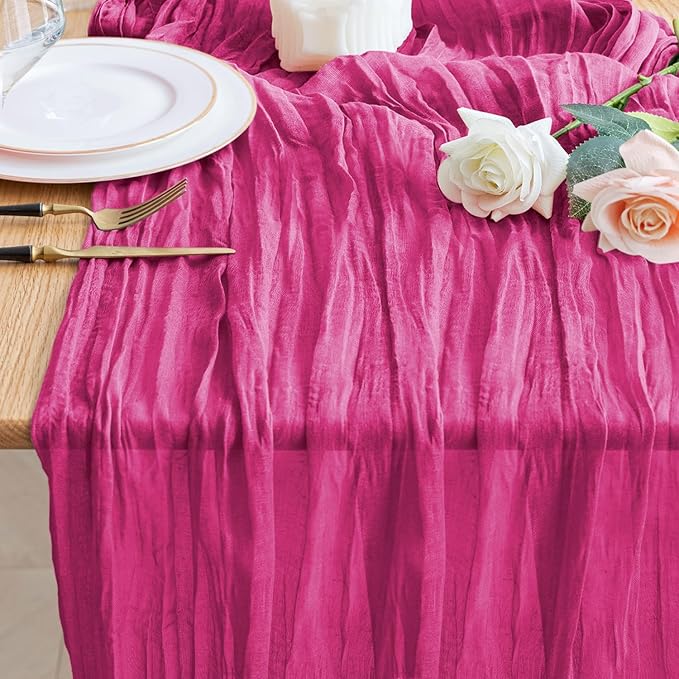 Wokceer Cheesecloth Table Runner Fuchsia 10FT Boho Gauze Cheese Cloth Table Runner for Party Long Rustic Sheer Table Runners for Baby Bridal Shower Wedding Easter Table Decor