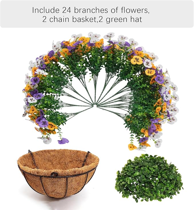 2 Set Artificial Hanging Flowers with Basket for Outdoor Decor, 24 Pcs Silk Pansy Fake Plants for Garden Porch Patio Balcony Yard Home Decoration