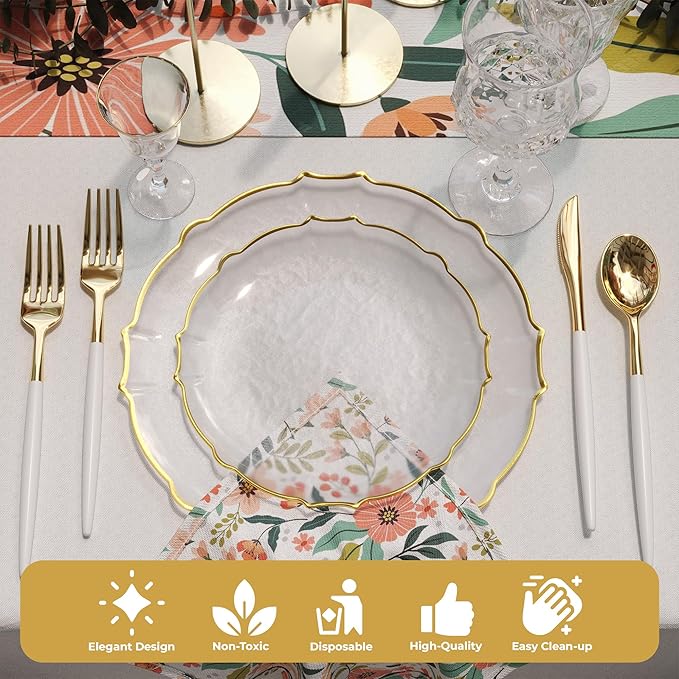 Exquisite Tinted Plates 40 Piece Plastic Disposable Plates for Party Set For 20 Guests 20 X 7.5 Dessert Plates & 20 X 10 Thin Delicate Fancy Plastic Plates Disposable Dinnerware Clear Gold Rim