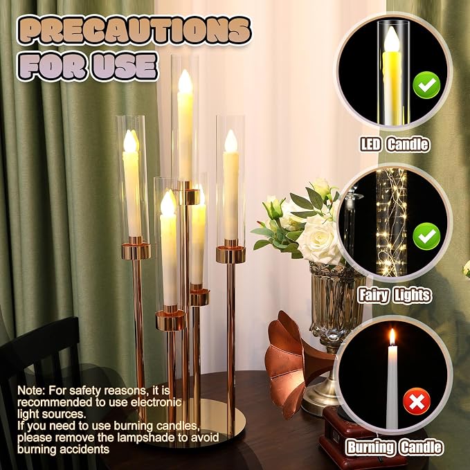Tandefio 8 Set Gold Candelabra Centerpieces for Tables, 26.8 Inch 5 Arm Candle Holders with LED Candles and Acrylic Cylinders, Tall Acrylic Wedding Table Centerpieces for Reception Dinner Party Decor