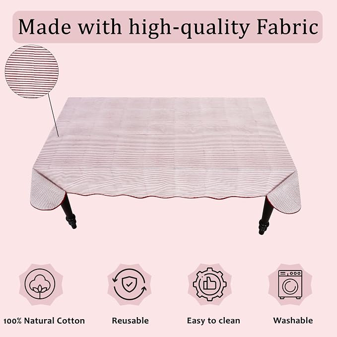 Ridhi Ruby Red Stripe Block Print 60x60 Square Tablecloth Table Cover for Dining Tables, Handcrafted Farmhouse Kitchen Decor, Washable, Decorative Tablecloths for Spring, Easter, Valentine