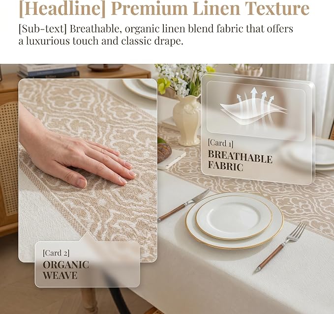 Boho Faux Linen Tablecloth, Rectangle Vintage Geometric Cover | Spillproof & Wrinkle Free Minimalist Center Table Cloth for Farmhouse Kitchen Dining Room Decor