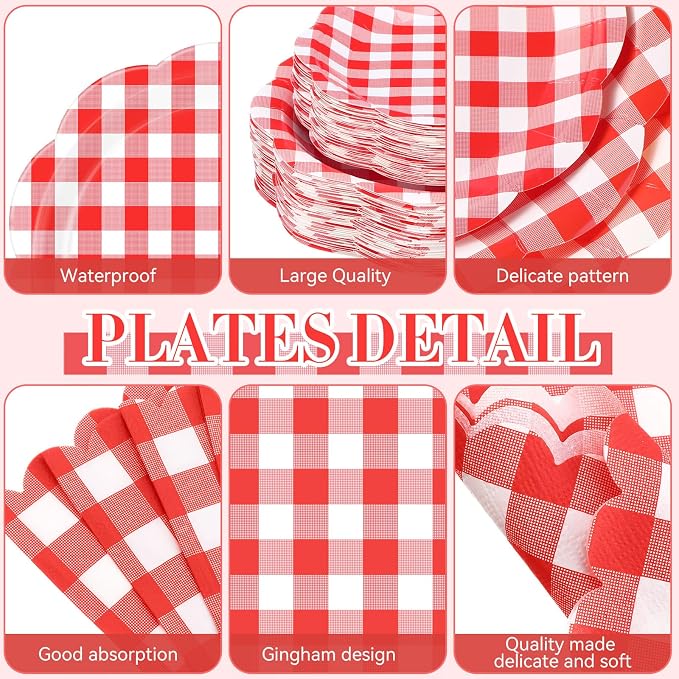 Funnymoom 452 Pcs Red Gingham Party Supplies for 50, Red and White Gingham Checkered Paper Plates Napkins Cups Tablecloth Cutlery Straws for Birthday Family Picnic Camping Barbecue Party Decoration