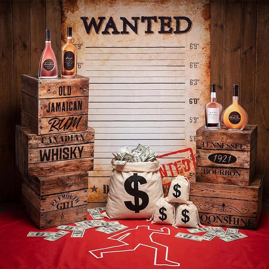 Marsui 15 Pcs Roaring 20s Party Decorations Photo Backdrop Speakeasy Decor Include Wood Grain Box, Whiskey Bottle Cardboard, Dollar Sack, Wanted, Background Cloth for Retro Jazz Twenties 1920 Party