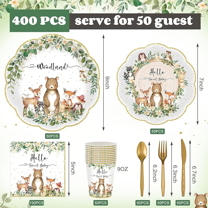 Funnymoom 400 Pcs Woodland Baby Shower Party Supplies for 50 Forest Animals Mountain Wilderness Plates Napkins Cups Spoons Forks Knives for Neutral Forest Animal Baby Shower(Green and Gold, Woodland)