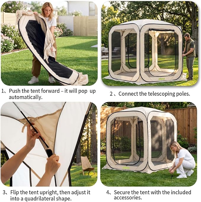 Pop-Up Screen House Tent with Mosquito Netting 10x10 FT for 4–6, Portable Screen Room Canopy for Patio, Backyard, Camping, Deck & Outdoor Activities, Resistant Roof UV Gazebo with Carry Bag