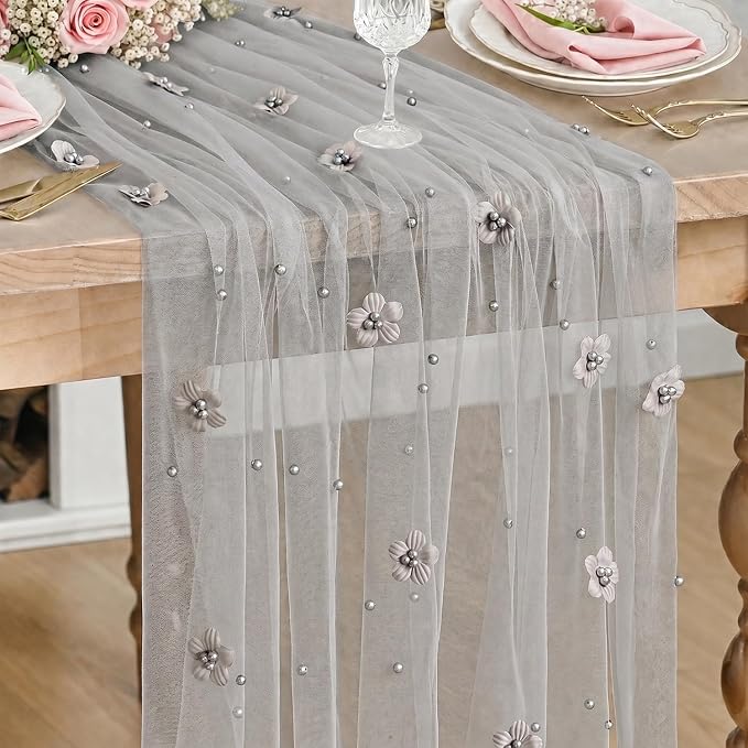 Artoid Mode Gray Flower Pearl Gray Gauze Table Runner 10FT, Seasonal Sheer Dining Holiday Wedding Birthday Baby Shower Table Decor for Home Party