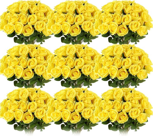 Jexine 100 Pieces Artificial Roses Flowers Bulk, Long Stem Realistic Fake Silk Roses Bouquet for Table Centerpiece Vases Wedding Party Kitchen Decor(Yellow)