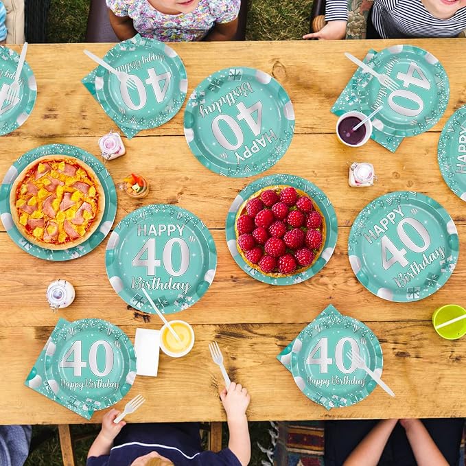 96Pcs Teal 40th Birthday Party Decorations Teal and Silver Plates and Napkins Tableware Sets Forty Party Decorations for Women 40 Years old Birthday Supplies Serves 24