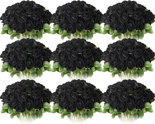 Jexine 100 Pieces Artificial Roses Flowers Bulk, Long Stem Realistic Fake Silk Roses Bouquet for Table Centerpiece Vases Wedding Party Kitchen Decor(Black)