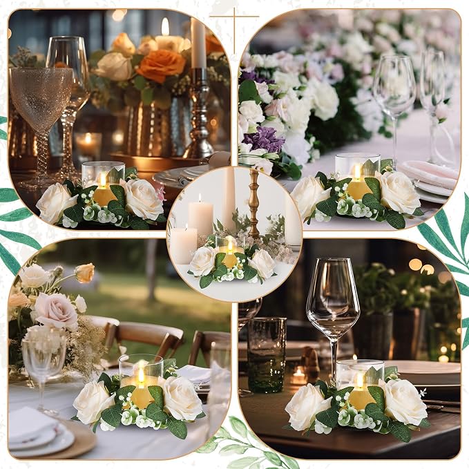 Yunlly 20 Pcs Rose Candle Rings with Flameless Candles Sets, Artificial Flower Eucalyptus Wedding Centerpiece 3 Inch Pillar Candleholders Wreaths for Wedding Party Mother's Day (Champagne)