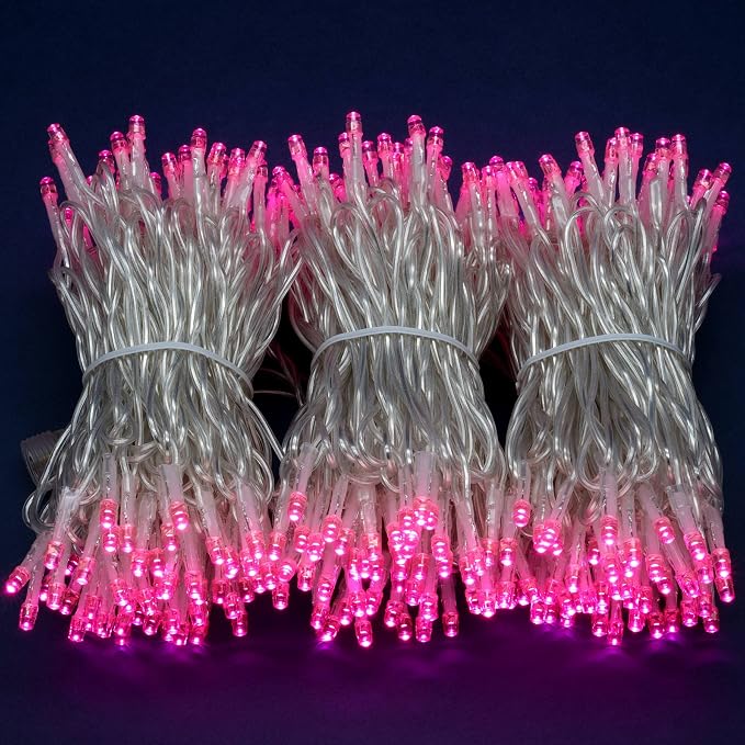 YULETIME 300 Pink String Lights, 100 ft Clear Wire 8 Models Wide Angle LED | 5mm Bulbs, Safe 29V Adapter, Multimode Lighting, Connectable, 100' Total Length, 1-Strand 300 Lights, 4" Spacing