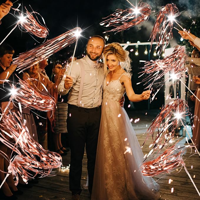 Drixbor 100 PCS Light Up Wedding Wands - LED Tinsel Streamers for Wedding Send Off & Grand Entrance, Party Favors for Weddings Birthdays Christmas (Rose Gold)