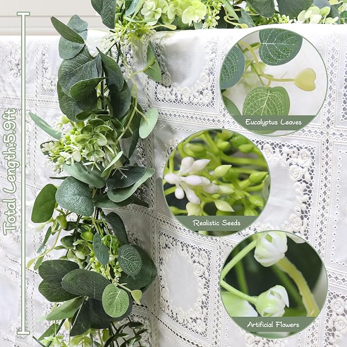 MAKHOT 5.9FT Eucalyptus Garland, Artificial Greenery Garland Flower, Green Garland Wreath Vines Decorations, Fake Silver Dollar Eucalyptus Leaves Vines for Table Home Wedding Mantle Party Decor