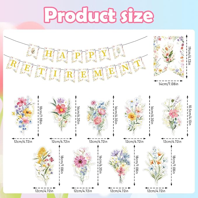 Rakuto Wildflower Happy Retirement Party Decorations for Women, 16PCS Floral Gold Retirement Banner with Hanging Swirls Decoration, Flower Just Retired Paper Pom Poms Decor Supplies