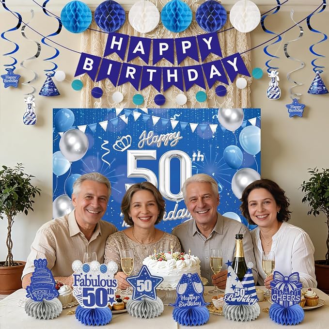 Happy 50th Birthday Party Decoration: Including Birthday Banner Backdrop, Party Table Centerpieces and Hanging Swirl Party Streamers, Birthday Decor for Men and Women (Blue, 50th Birthday)