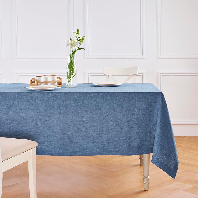Solino Home Linen Tablecloth 60 x 120 Inch - 100% Pure Linen Blue Denim Table Cloth for Rectangle Tables - Athena, Machine Washable Tablecloth for Summer