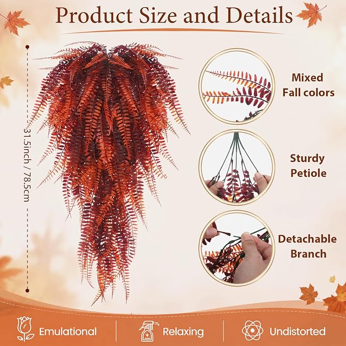 Daifunli 16 Pcs Artificial Fall Hanging Plants Fake Hanging Ferns Plastic Autumn Faux Plants for Wall Room Garden Garland Indoor Outdoor Decor No Basket (Fall Boston)