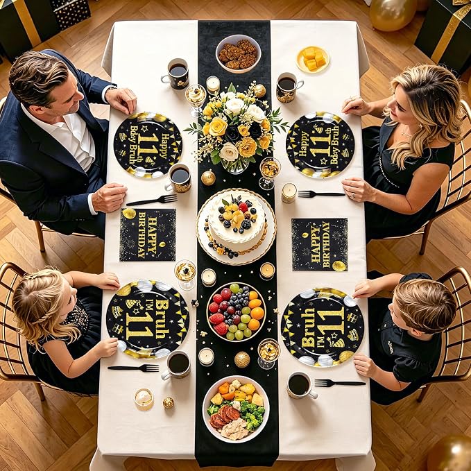 96 Pcs Bruh 11th Birthday Party Decorations Black Gold Bruh I’m 11 Plates and Napkins It's My 11th Birthday Tableware Set for Teen Boys and Girls 11 Years Old Party Supplies, Serves 24