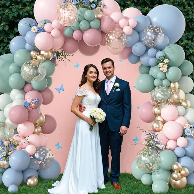 Amandir 173Pcs Pink Blue Green Balloon Arch Garland Kit, Dusty Baby Pink Mauve Pastel Mist Haze Green Blue Gold Confetti Balloons for Easter Shower Gender Reveal Wildflower Birthday Party Decorations