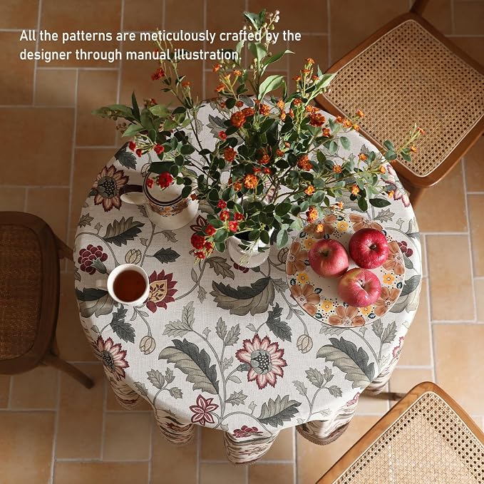 ISAENNE Designer Vintage Linen Round Tablecloth,Diameter 67"-Ratina | French Elegant Beautiful Durable Printed Table Cloth,Floral Pattern,Decoration,Heavyweight,Dining,Kitchen,Thanksgiving