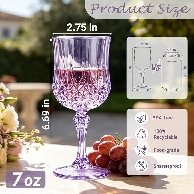 Plastic Wine Glasses, Plastic Goblets Vintage Style Cordial Unbreakable Drinking Glasses, Reusable Drinkware for Wedding Reception, Grand Event Party Supplies (12, Purple)