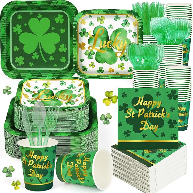 400 Pcs St Patrick Day Shamrock Lucky Clover Plaid Green Tableware Set Paper Plate Napkin Cup Plastic Knife Fork Spoon Waterproof Disposable for 50 Guest Irish Holiday Party Family Decoration