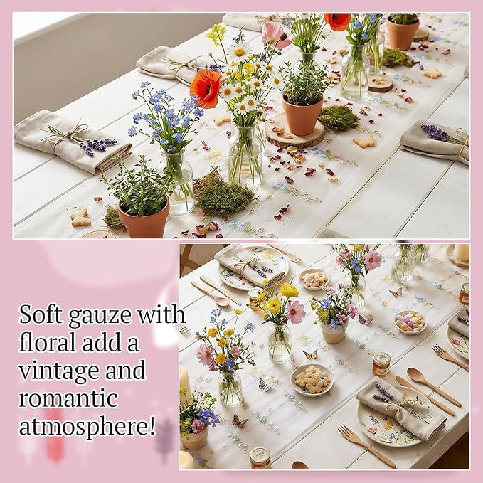 Lounsweer White Wildflower Table Runner 10ft Embroidery Tulle Spring Floral Table Runner Seasonal Summer Butterfly Kitchen Dining Gauze Decoration for Wedding Baby Shower Birthday Party