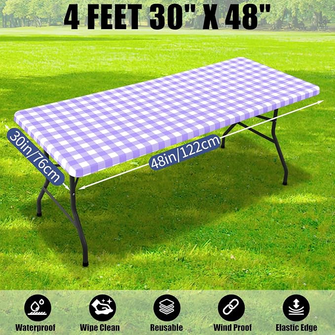 Smiry Picnic Table Cloth 6 Pack, Waterproof Elastic Fitted Tablecloths for 4FT Rectangle Tables, Washable Polyester Buffalo Plaid Tablecloth for Camping, Dining & Outdoor (Purple & White, 30" x 48")