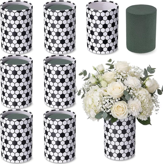 6 Set 5 Inch Soccer Vase Table Centerpiece Sports Round Flower Box with Paper Removable Foam Vase for Tabletop DIY Artificial Flowers Utensil Holder Kitchen Home Party Decorations