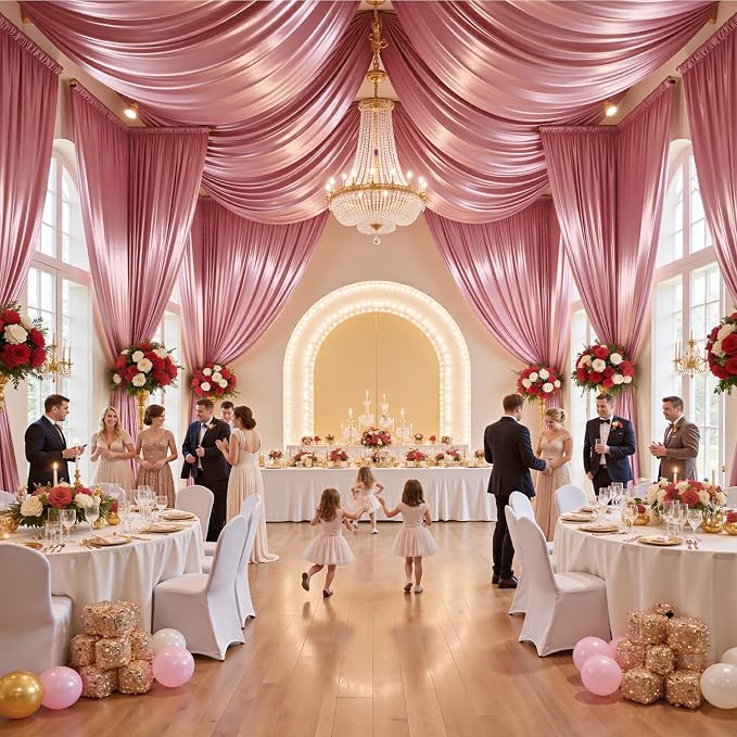 gogoparti 20x20FT Rose Gold Shimmer Backdrop Curtains for Weddings Parties - 4 Panels of Extra Long 5x20FT Drapes, Includes Dual Pole Pockets, Wrinkle-Free Fabric for Party, Tent Decoration
