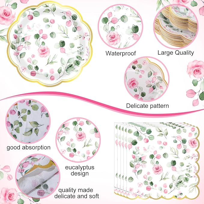 400 Pcs Sage Green Color Party Supplies Serve 50 Guests Eucalyptus Flowers Disposable Paper Plates Napkins and Cups for Bridal Baby Shower Birthday Wedding Party Decorations (Pink,Elegant)