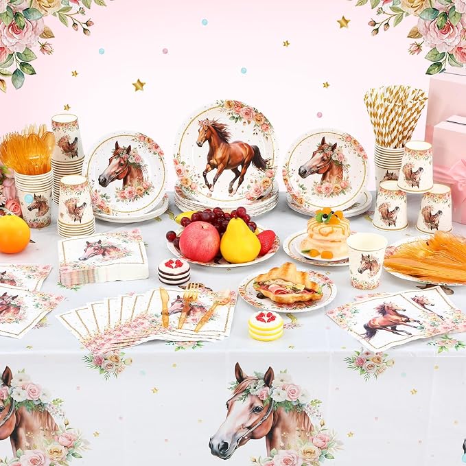 Potchen 452 Pcs Party Supplies Serve 50 Guests, Paper Plates Napkins Cups Cutlery Plastic Tablecloth Dinnerware for Birthday Wedding Party Decoration (Pink Floral, Horse)