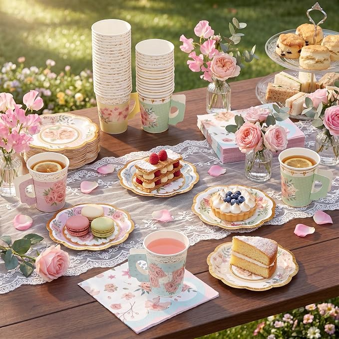 Yungyan 216 Pcs 72 Guest Tea Party Plates and Napkins Sets Floral Tea Party Supplies 6" Paper Plates, 9 oz Cups and Saucers Disposable Tableware Set for Birthday Wedding Bridal Shower Decorations