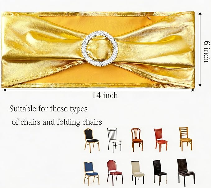 Pack of 100 Wedding Metallic Gold Chair Sashes, Spandex Bronzing Gold Chair Sash Bands with Silver Buckle, Elastic Chairs Bows for Weddings Party Birthday Bridal Shower Christmas Events Decorations