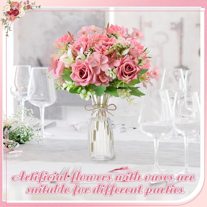 Thiccywoov 36 Pack Artificial Mini Rose Flowers with Vase Bulk, 24 Bundles Silk Rose Flower Artificial Bouquet 12 Plastic Vase with Rope Table Centerpiece Arrangement Wedding Party Deco(Purple)
