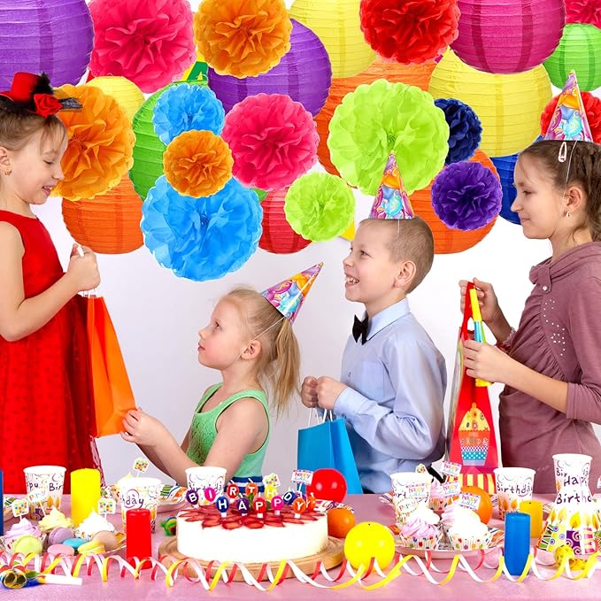 52 Pcs Mexican Fiesta Party Decorations 24 Fiesta Rainbow Tissue Paper Pom Poms 28 Hanging Paper Lanterns for Black History Festival, Cinco De Mayo Rainbow Parties Birthday Baby Shower