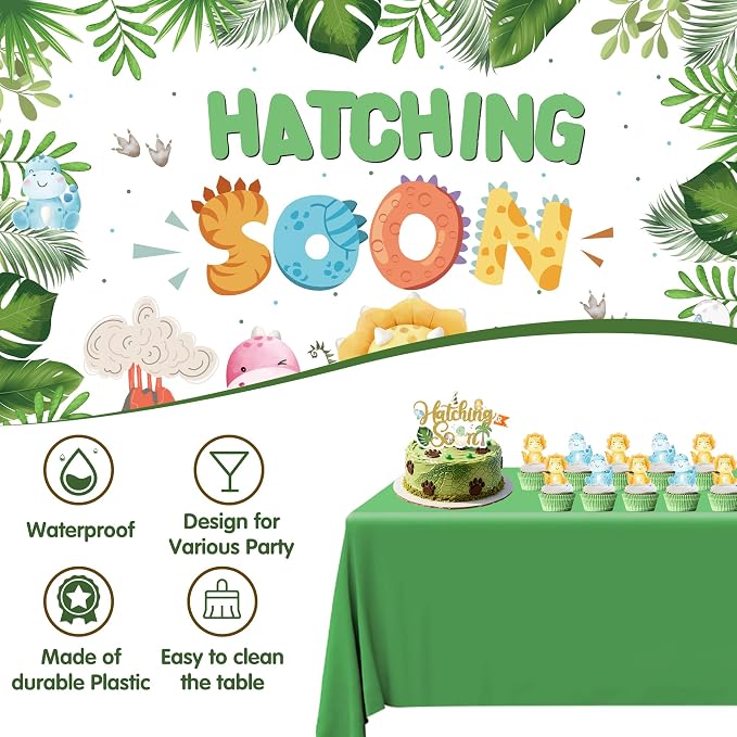Hatching Soon Dinosaur Baby Shower Decorations for Boy, 96Pcs Jungle Theme Party Supplies with 4 Baby Boxes, 5x3ft Backdrop, Green Balloon Garland Arch Kit & Tablecloth for It's a Boy Reveal