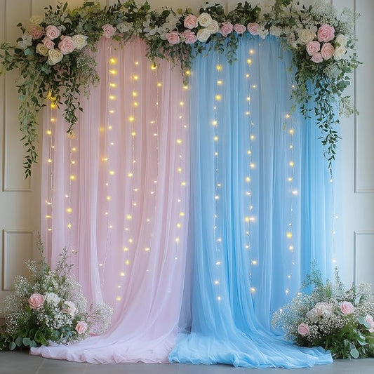 Pink and Blue Tulle Backdrop Curtain with Lights - 10x8ft Sheer Backdrop with 250 LEDs for Wedding, Baby Shower, Bridal Shower, Birthday Party Photo Shoot Background and Home Decorations