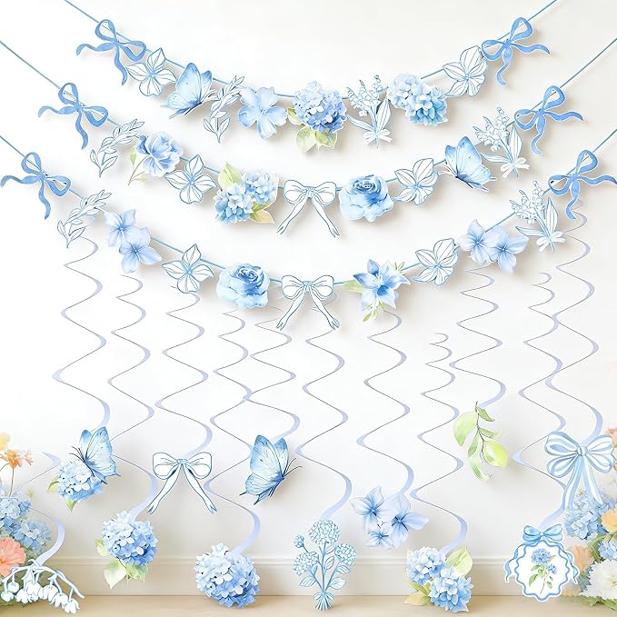 Blue Party Decorations, Blue Hydrangea Flower & Bow Themed Party Decorations, with 3 Pre-strung Flower Banners and 20 Hanging Swirls for Women Girl Birthday, Baby Showers, Bridal Showers, Birthdays, Tea Parties