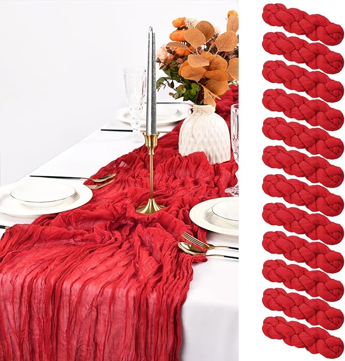 12 Pack Red Cheesecloth Table Runner, 10FT Cheesecloth Rustic Boho Table Runner Long Romantic Semi Sheer Table Runner for Wedding Baby Shower Birthday Bridal Party Decorations(21.5×120 Inch)