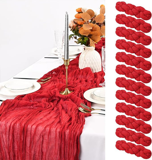 12 Pack Red Cheesecloth Table Runner, 10FT Cheesecloth Rustic Boho Table Runner Long Romantic Semi Sheer Table Runner for Wedding Baby Shower Birthday Bridal Party Decorations(21.5×120 Inch)
