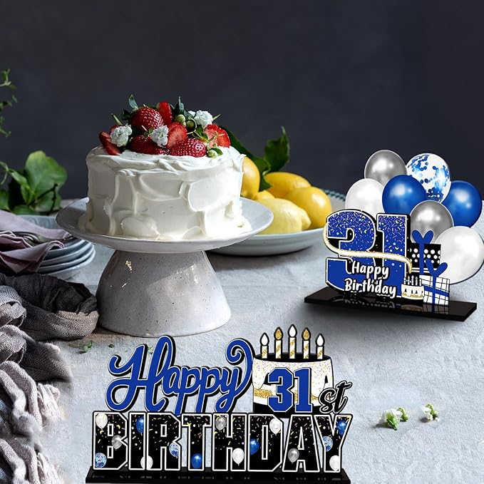 LINGTEER Happy 31st Birthday Blue Acrylic Table Topper Centerpieces Set - Cheers to 31 Years Old Birthday 31st Bday Party Gift Decorations.