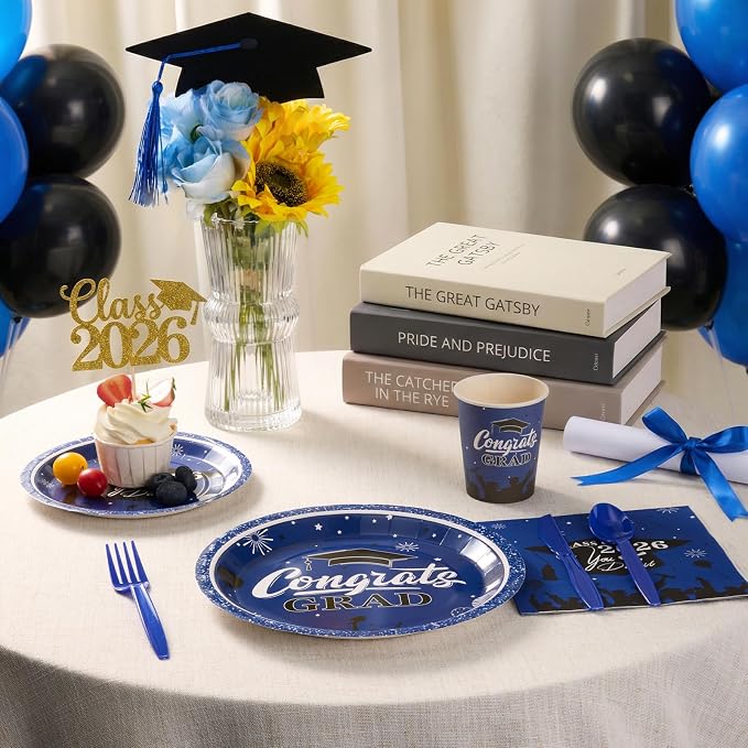 Goodluck Blue 2026 Congrats Grad Disposable Paper Tableware Sets, 350PCS Graduation Party Supplies Includes 9" & 7" Disposable Graduation Paper Plates, 9oz Cups, Napkins & Cutlery for 50 Guests