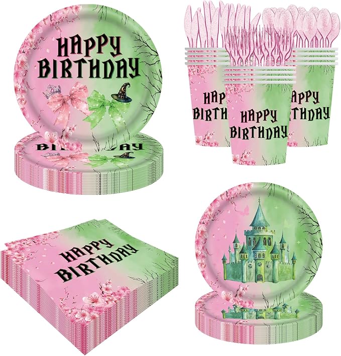 140pcs Pink and Green Witch Party Decorations Tableware, Witch Table Centerpieces Party Supplies, Tableware Set Paper Cups for Girls Birthday Party Decorations Severs 20 Guests