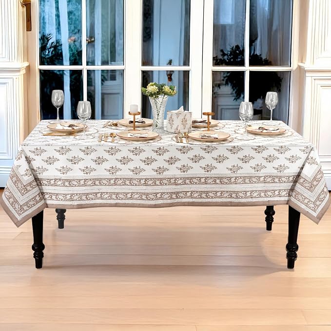Ridhi Block Print Quiet Earth Rectangle Cotton Tablecloth 108" x 70" Reusable Table Cover Decorative Everyday Use for Dining, Farmhouse, Home Gift for Spring, Easter, Valentine